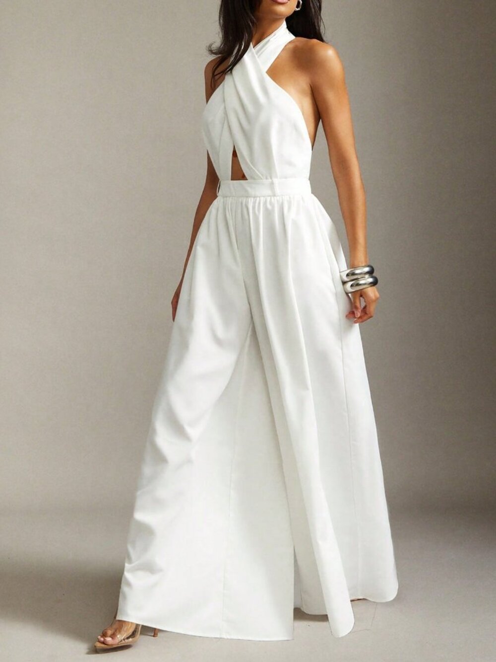 White Elegant Business Women's Wide-Leg Halter Jumpsuit - Picture 4 of 5